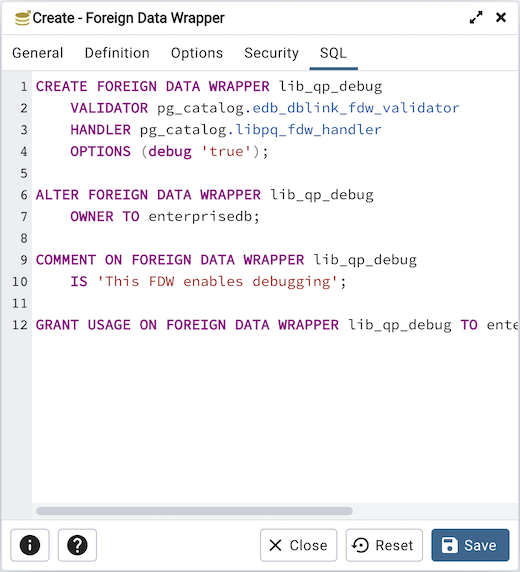 Foreign data wrapper dialog sql tab