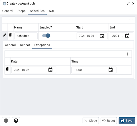 pgAgent dialog schedule exceptions tab