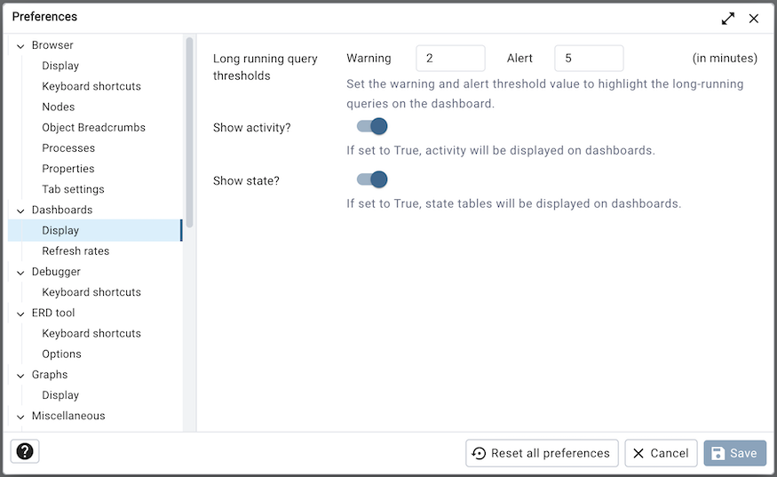 Preferences dialog dashboard display options