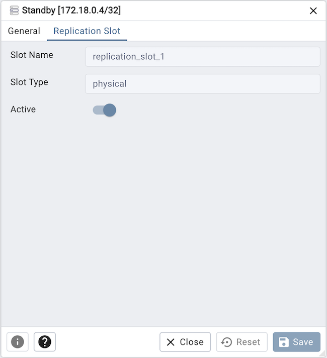 Replica Node dialog replication slot tab