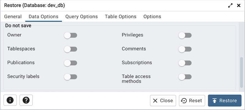 Restore dialog do not save section