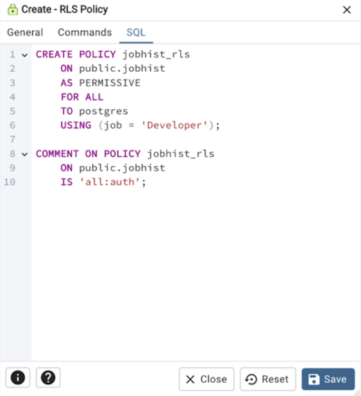 RLS Policy sql tab