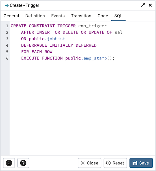 Trigger dialog sql tab