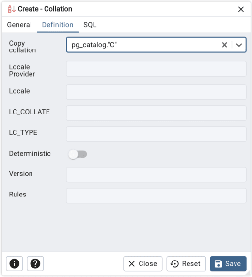 Collation dialog definition tab