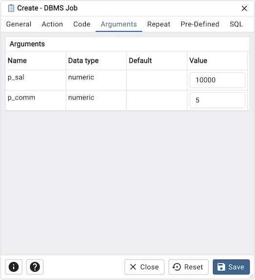 DBMS Job dialog arguments tab