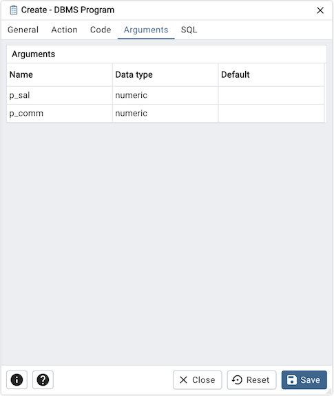 DBMS Program dialog arguments tab