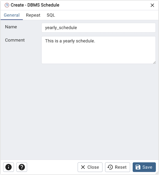 DBMS Schedule dialog general tab