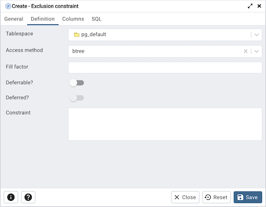 Exclusion constraint dialog definition tab