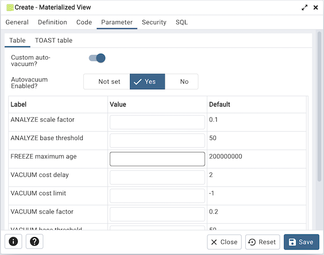 Materialized view dialog parameter tab