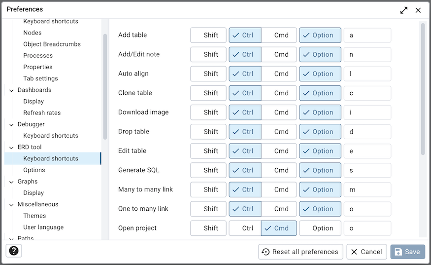 Preferences dialog erd keyboard shortcuts section