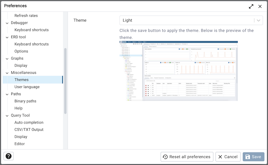 Preferences dialog themes section