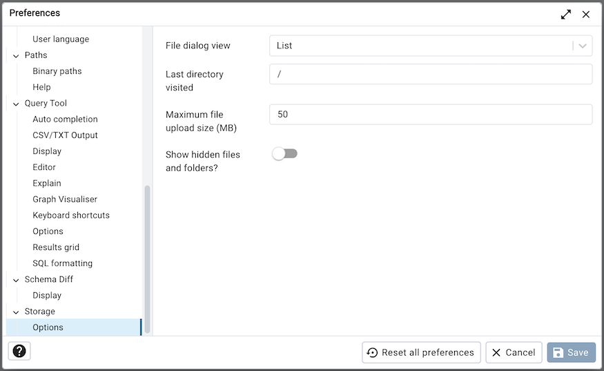 Preferences dialog storage section