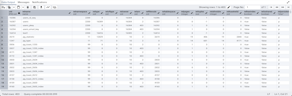 Query tool output panel