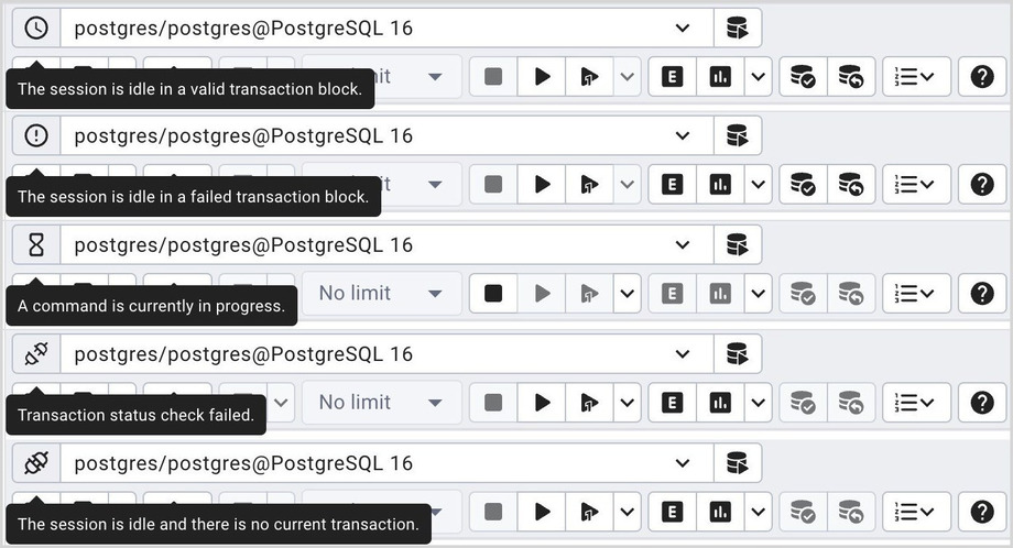 Query tool connection and transaction statuses