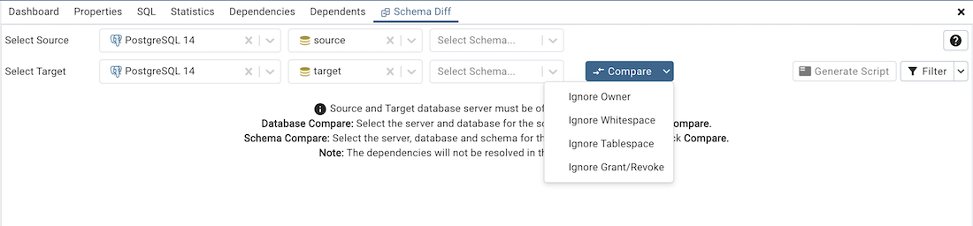 Schema diff compare button