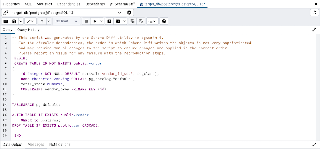 Schema diff generate script query editor