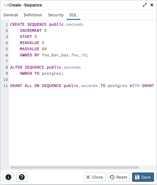 Sequence dialog sql tab