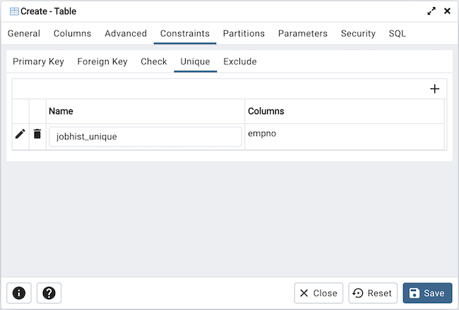 Table dialog unique constraint