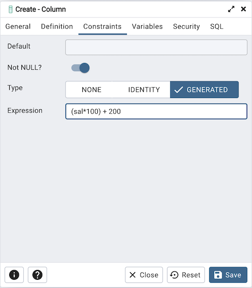 Column dialog constraints tab