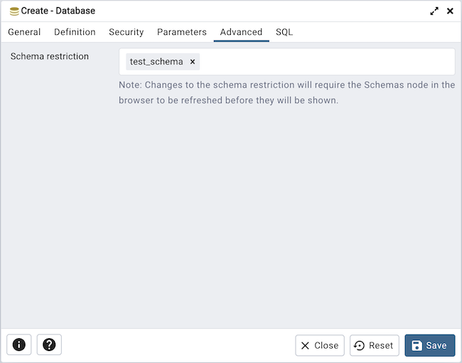 Database dialog advanced tab