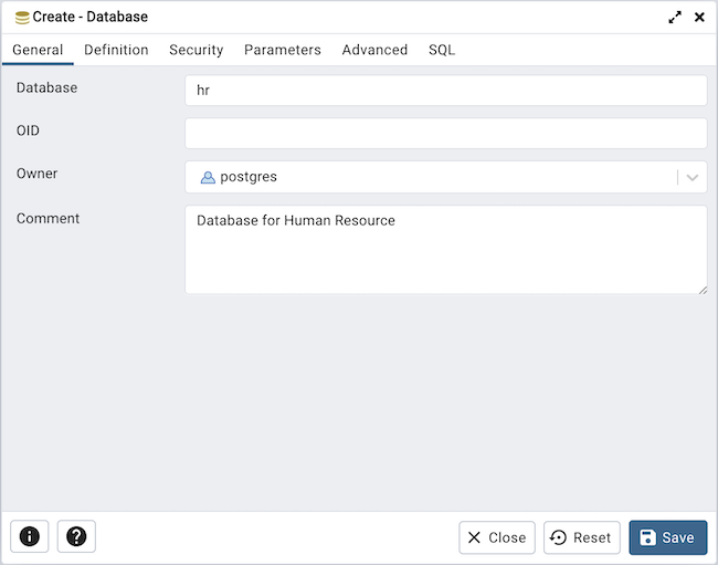 Database dialog general tab