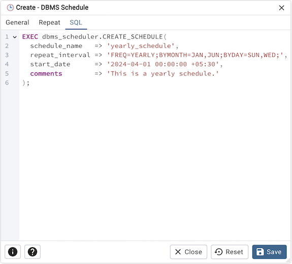 DBMS Schedule dialog sql tab