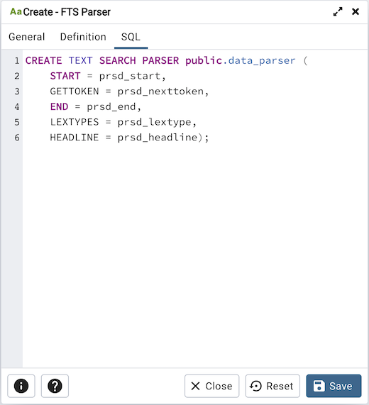 FTS parser dialog sql tab