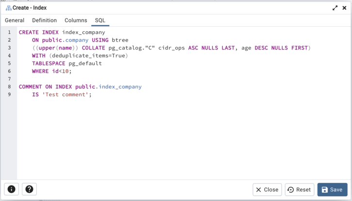 Index dialog sql tab