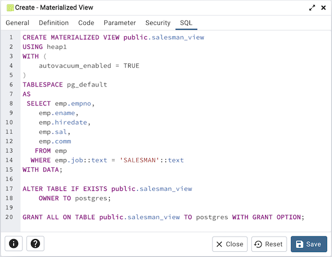 Materialized view dialog sql tab