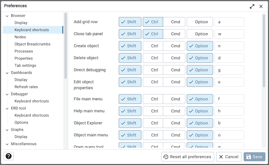 Preferences dialog browser keyboard shortcuts section