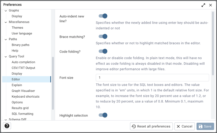 Preferences dialog sqleditor editor settings