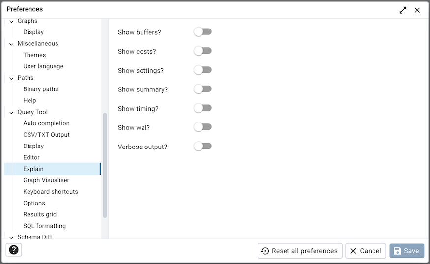 Preferences dialog sqleditor explain options