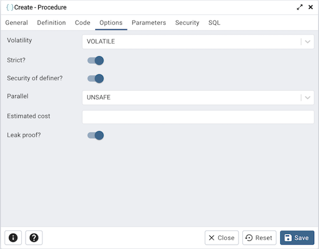 Procedure dialog options tab