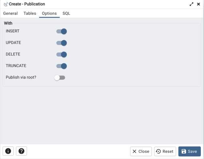 Publication dialog options tab