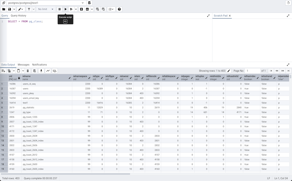 Query tool execute script section