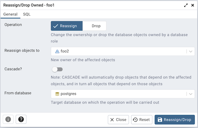 Reassign/Drop Own dialog