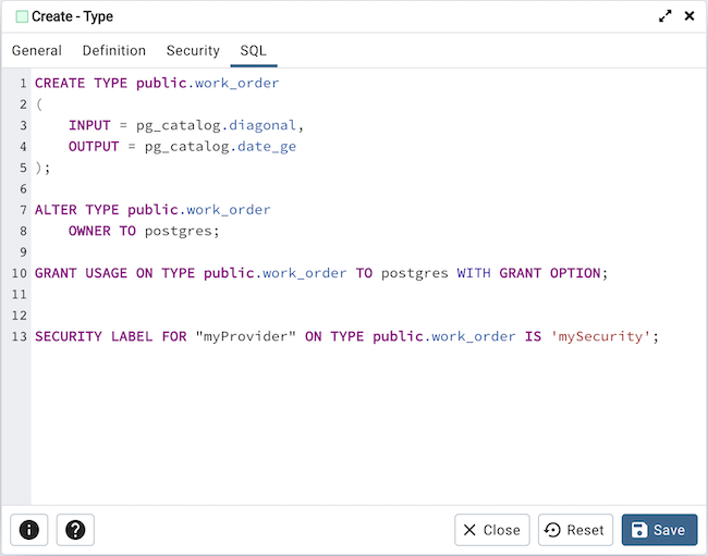 Type dialog sql tab