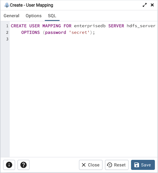 User Mapping dialog sql tab