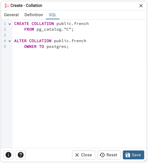 Collation dialog sql tab