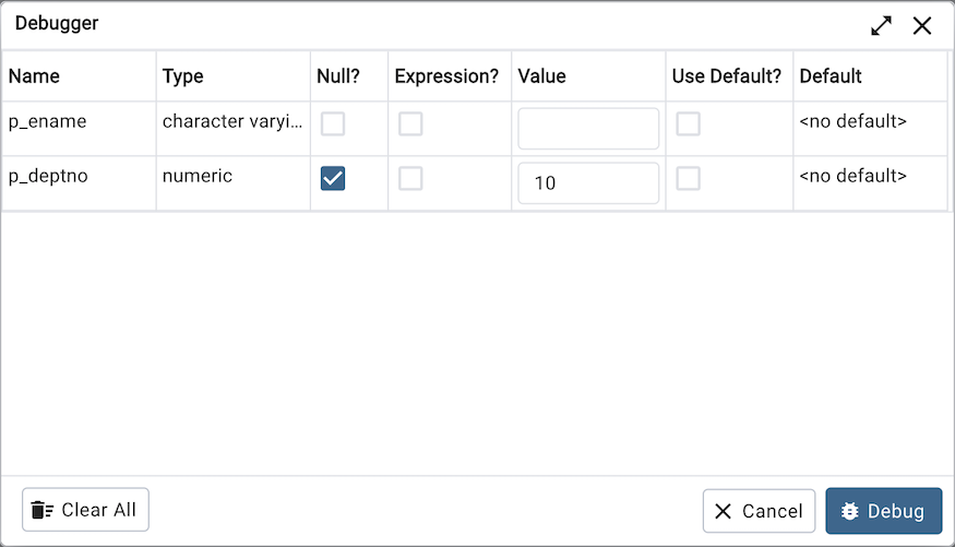 Debugger parameter dialog