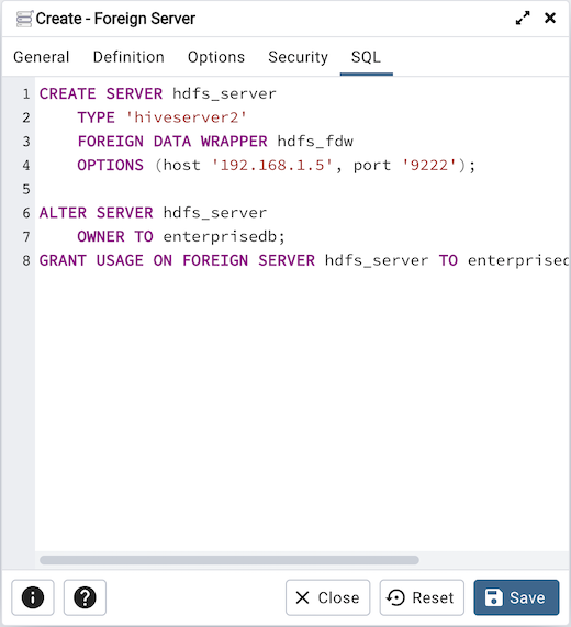 Foreign server dialog sql tab