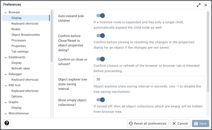 Preferences dialog browser display options