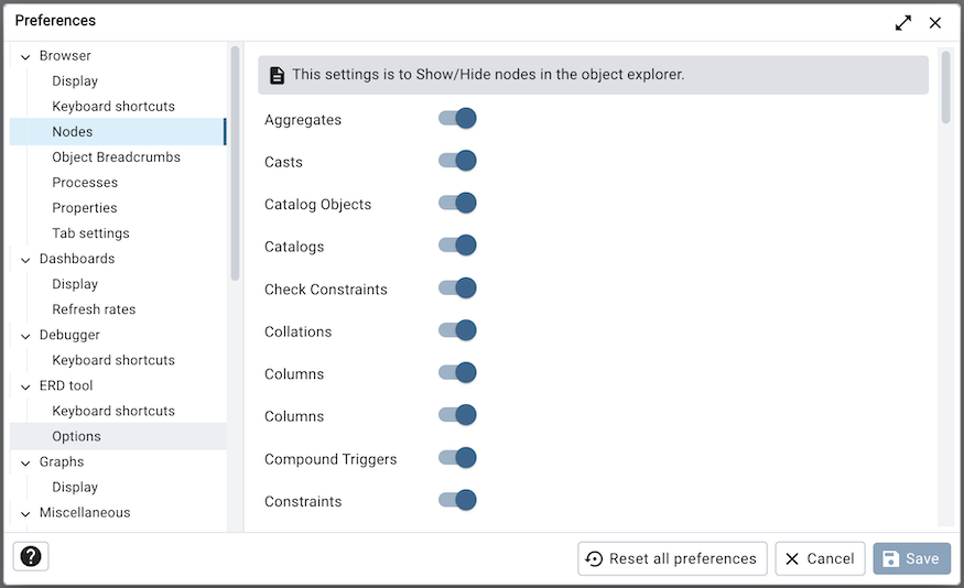 Preferences dialog browser nodes section