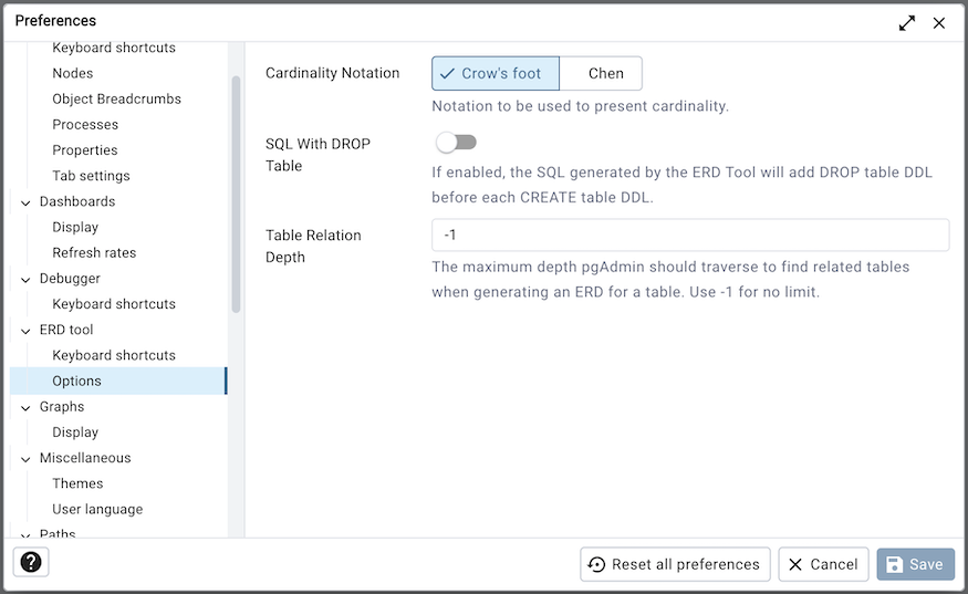 Preferences dialog erd options section