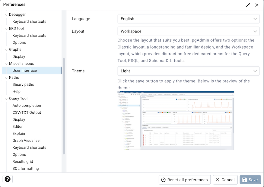 Preferences dialog user interface section