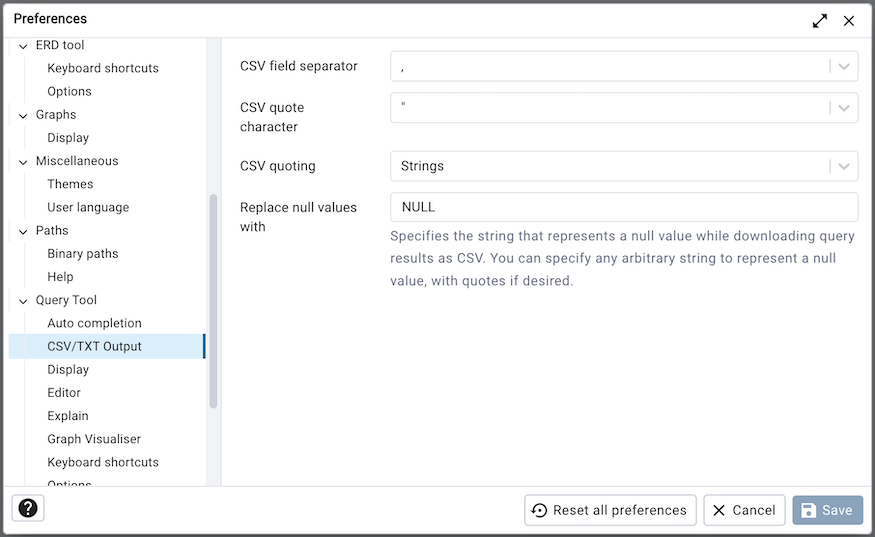 Preferences dialog sqleditor csv output option