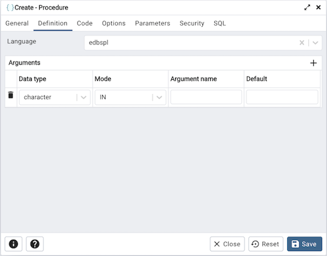 Procedure dialog definition tab