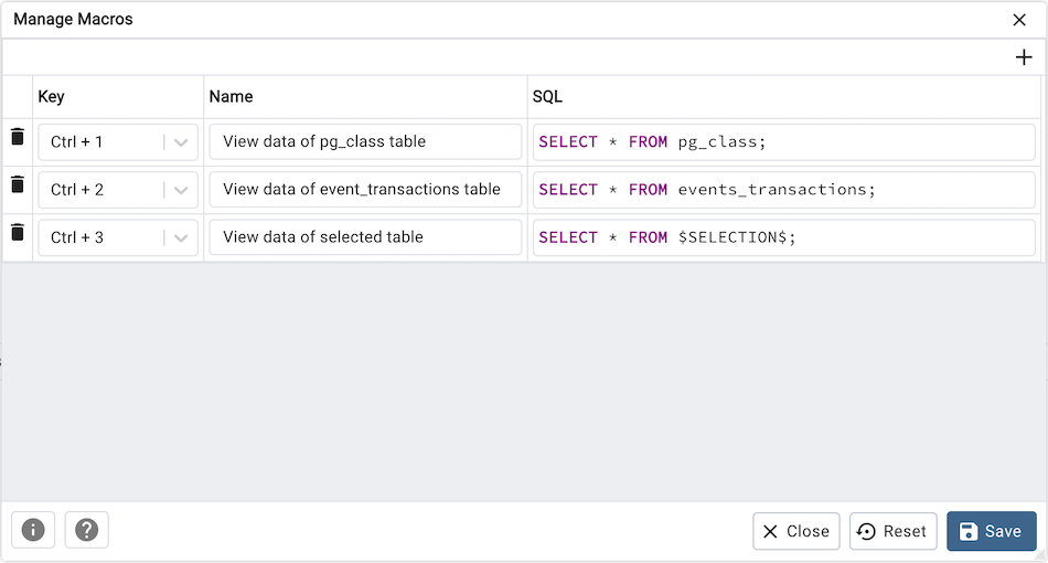 Query Tool Manage Macros dialogue