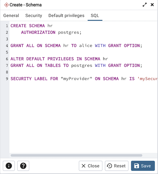 Schema dialog sql tab