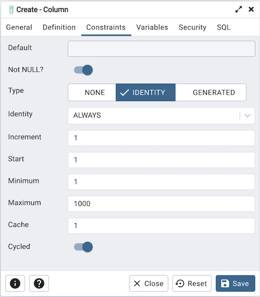 Column dialog constraints tab